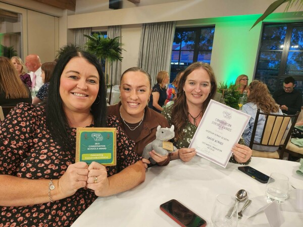 Mrs Callaghan (Head of School), Miss Pemberton and Mrs Price after receiving their accolade at the Chester Zoo's Conservation School Awards 2023