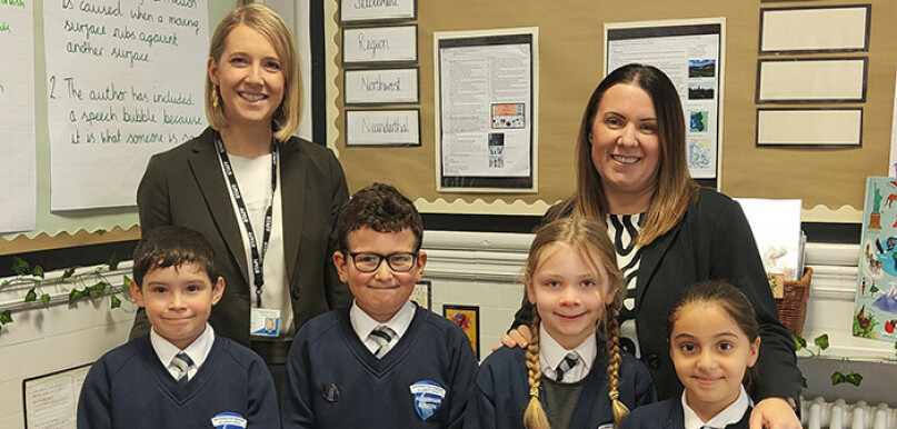 Head of School Sarah Morris and Executive Headteacher Paula Warding are pictured with pupils Bobby Max Nyla and Elaf